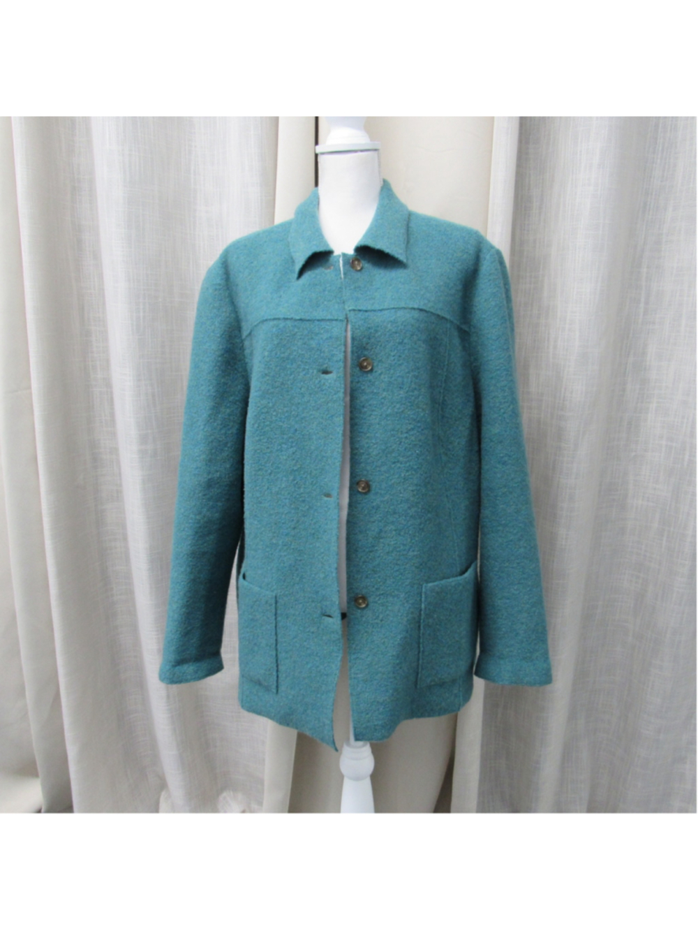 VTG Lands' End Teal Boiled Wool Jacket Plus 20W Button Front Pockets Lagenlook
